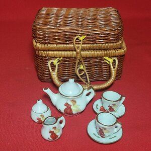 VTG Miniature Doll 9 Piece Angel Tea Set in Lined Wicker Picnic Basket